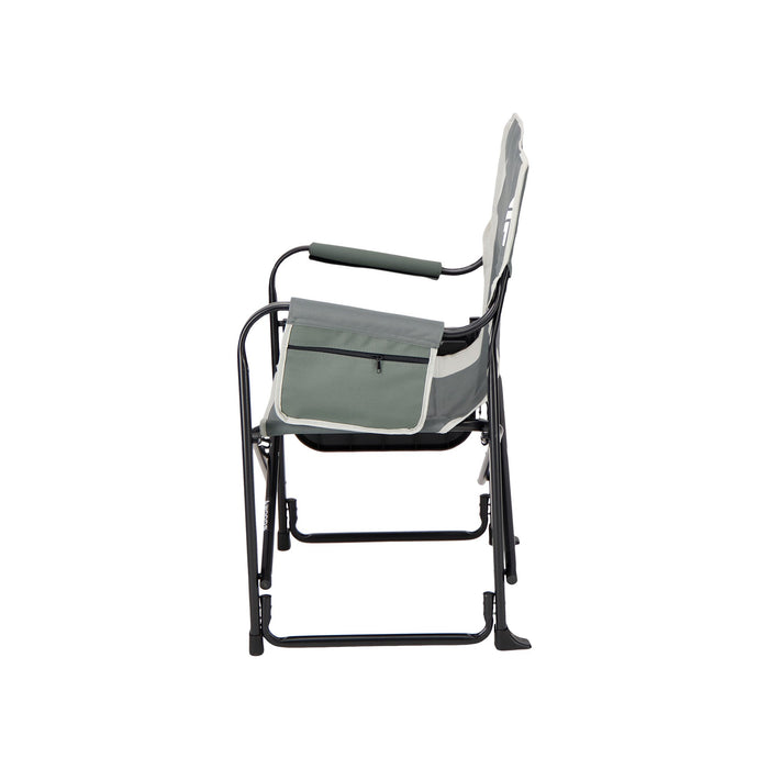 Side view of the Woods Folding Directors Camping Chair with Table collapsed in the color Gun Metal