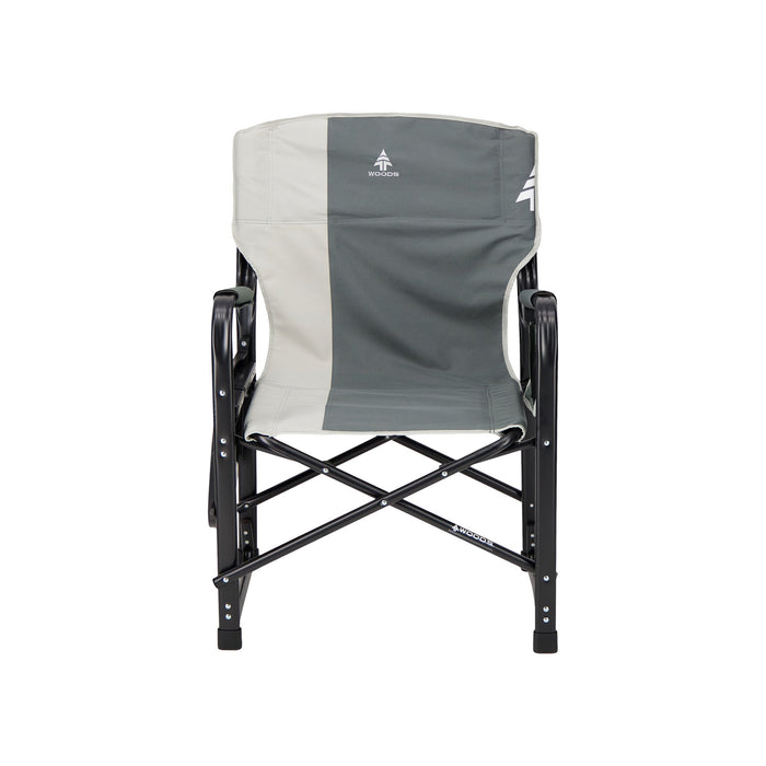 Woods Folding Directors Camping Chair with Table collapsed in the color Gun Metal from the front