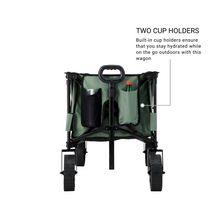 Load image into Gallery viewer, Front view of the Woods Outdoor Collapsible Utility King Wagon in Sea Spray with water bottles inside cup holders