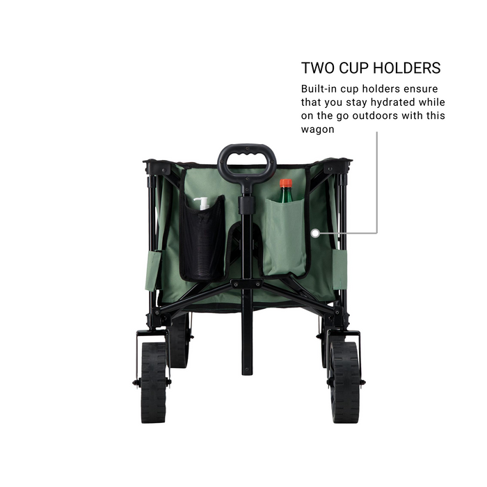Front view of the Woods Outdoor Collapsible Utility King Wagon in Sea Spray with water bottles inside cup holders