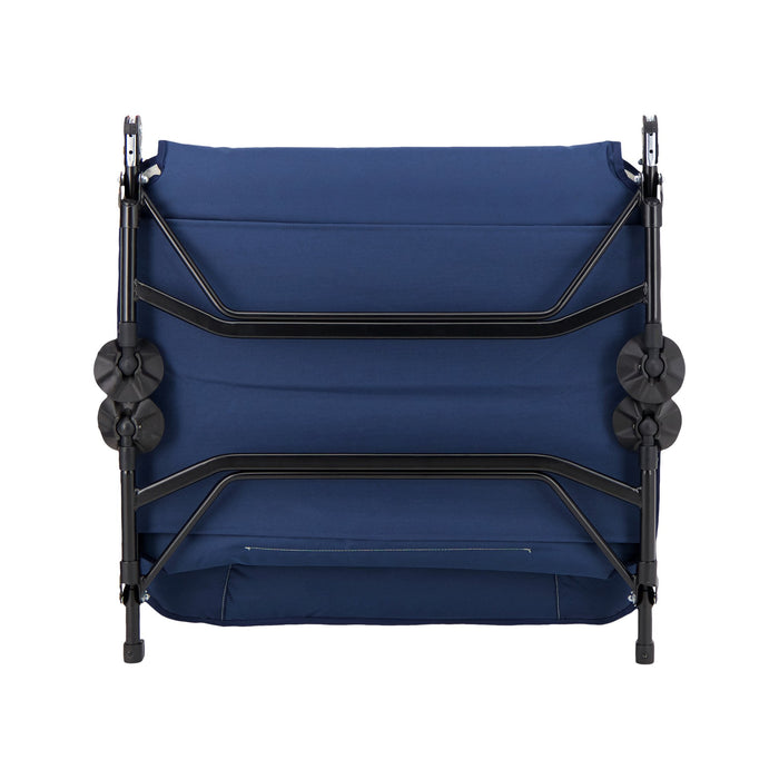 Folded up Woods Portable Quick Set-Up Adjustable 2-in-1 Camping Cot in Navy from the front