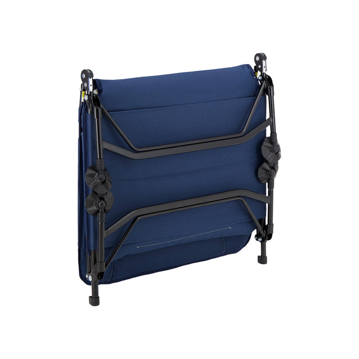 Folded up Woods Portable Quick Set-Up Adjustable 2-in-1 Camping Cot in Navy angled left