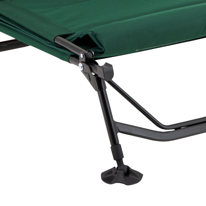 Close up of the legs on the Woods Portable Quick Set-Up Adjustable 2-in-1 Camping Lounger in Green 