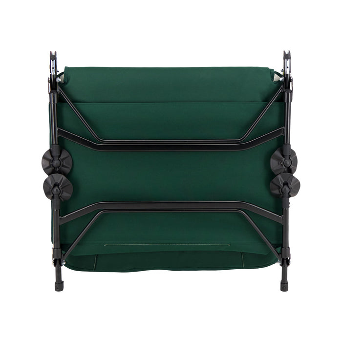 Front view of a Woods Portable Quick Set-Up Adjustable 2-in-1 Camping Lounger in Green folded up 