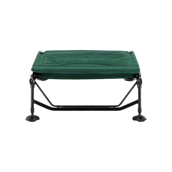 Woods Portable Quick Set-Up Adjustable 2-in-1 Camping Lounger in Green with top folded down