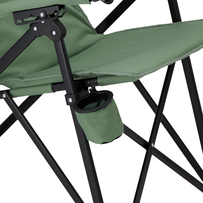Close up of the seat and cup holder on the Woods Siesta Folding Reclining Padded Camping Chair in Sea Spray