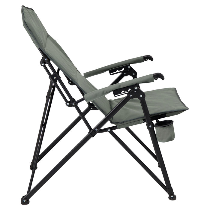 Right side of the Woods Siesta Folding Reclining Padded Camping Chair in color Gun Metal reclined