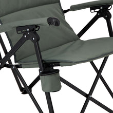 Load image into Gallery viewer, Close up of the seat and cup holder on the Woods Siesta Folding Reclining Padded Camping Chair in color Gun Metal