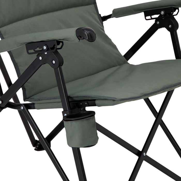 Close up of the seat and cup holder on the Woods Siesta Folding Reclining Padded Camping Chair in color Gun Metal