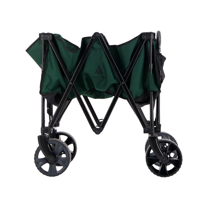 Side view of the Woods Outdoor Collapsible Utility King Wagon in Green partially folded