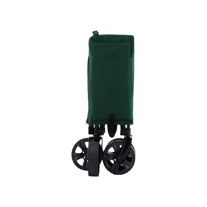 Woods Outdoor Collapsible Utility King Wagon in Green folded up with cover on top