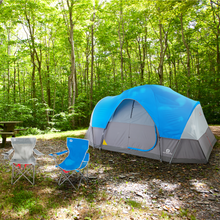 Load image into Gallery viewer, Fully built 8-person lightweight dome tent with rainfly in blue on campground