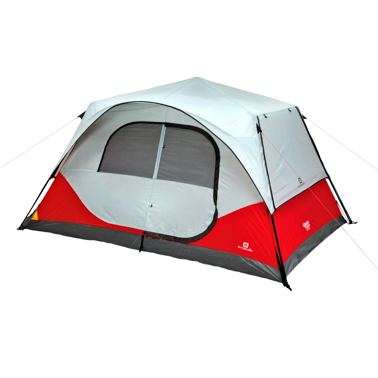 Fully built 8-person cabin tent with rainfly in red