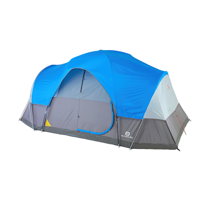Fully built 8-person lightweight dome tent with rainfly in blue