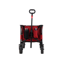 Load image into Gallery viewer, Front view of the Woods Outdoor Collapsible Utility King Wagon in Red with water bottles inside cup holders