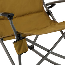 Load image into Gallery viewer, Close up of the seat and cup holder on the Woods Kaslo Folding Camping Rocker Chair in Dijon