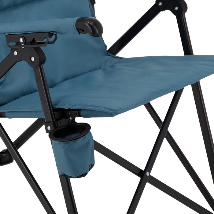 Close up of the seat and cup holder on the Woods Siesta Folding Reclining Padded Camping Chair in Blue