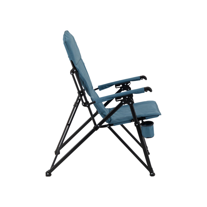 Right side of the Woods Siesta Folding Reclining Padded Camping Chair in Blue partially reclined