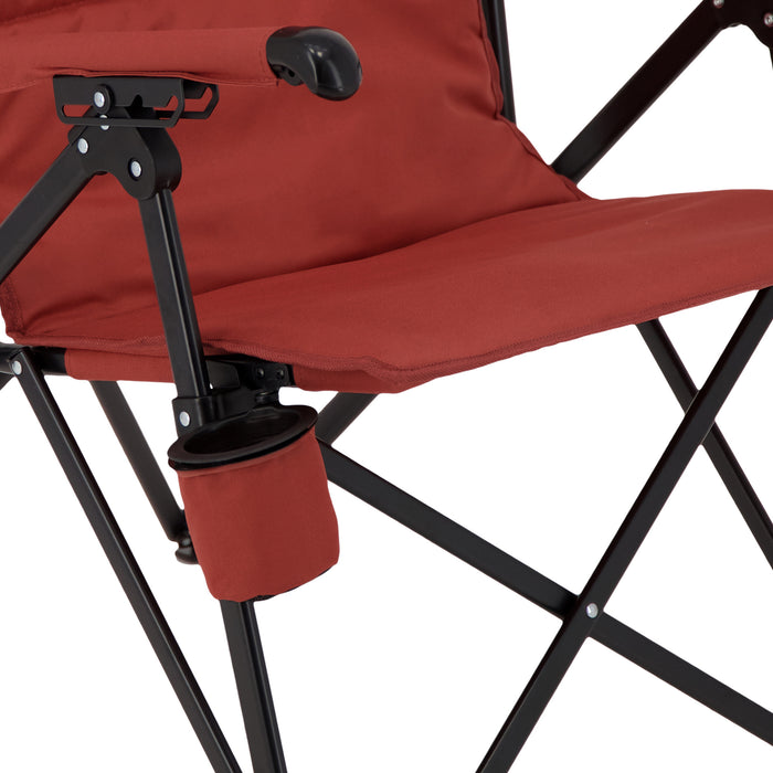 Close up of the cup holder and seat on the Woods Siesta Folding Reclining Padded Camping Chair in Red 