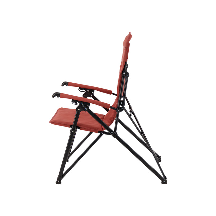 Left side of the Woods Siesta Folding Reclining Padded Camping Chair in Red