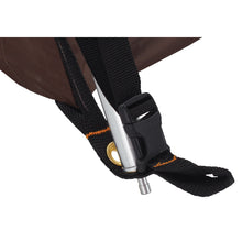 Load image into Gallery viewer, Close up of the strap and pole buckle on the Woods A-Frame Tent in Brown