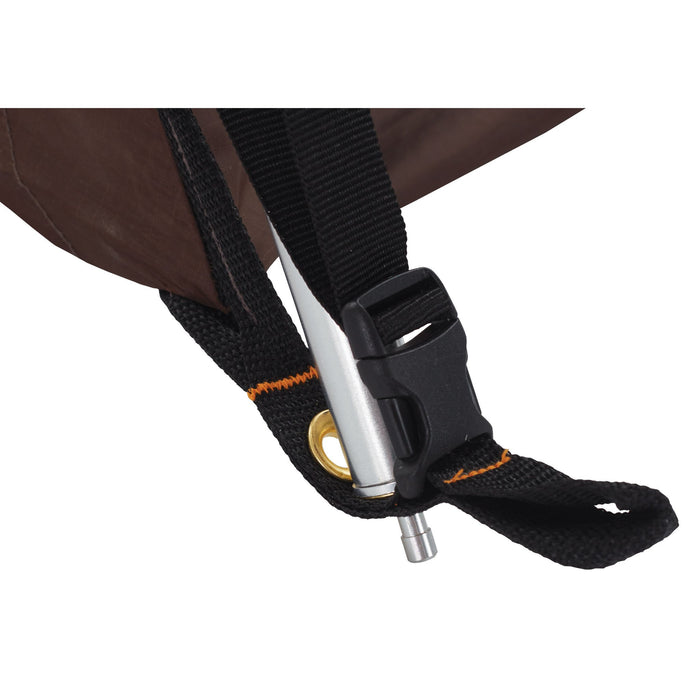 Close up of the strap and pole buckle on the Woods A-Frame Tent in Brown