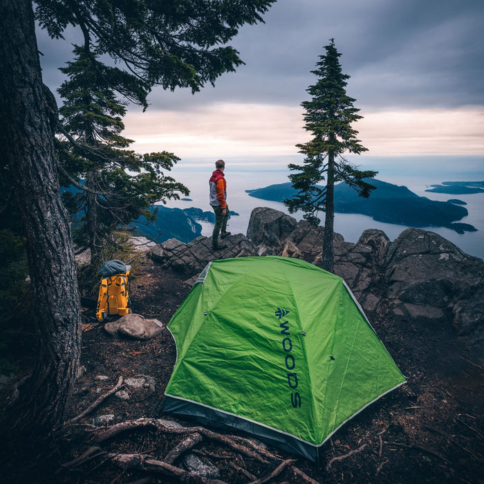 Fully built Woods Cascade Lightweight 2-Person 3-Season Tent overlooking the water