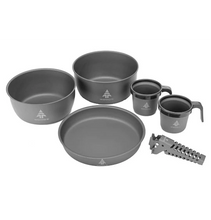 Load image into Gallery viewer, Each piece of the Woods Nootka Anodized Camping Cook Set separated