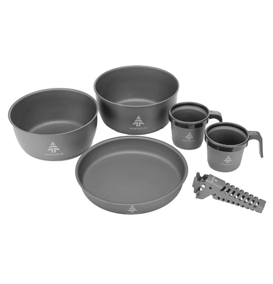 Each piece of the Woods Nootka Anodized Camping Cook Set separated