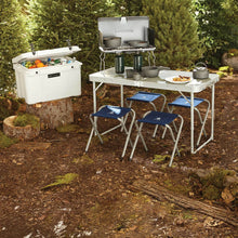 Load image into Gallery viewer, Woods Nootka Anodized 5-piece Camping Cook Set on top of a camp kitchen table 