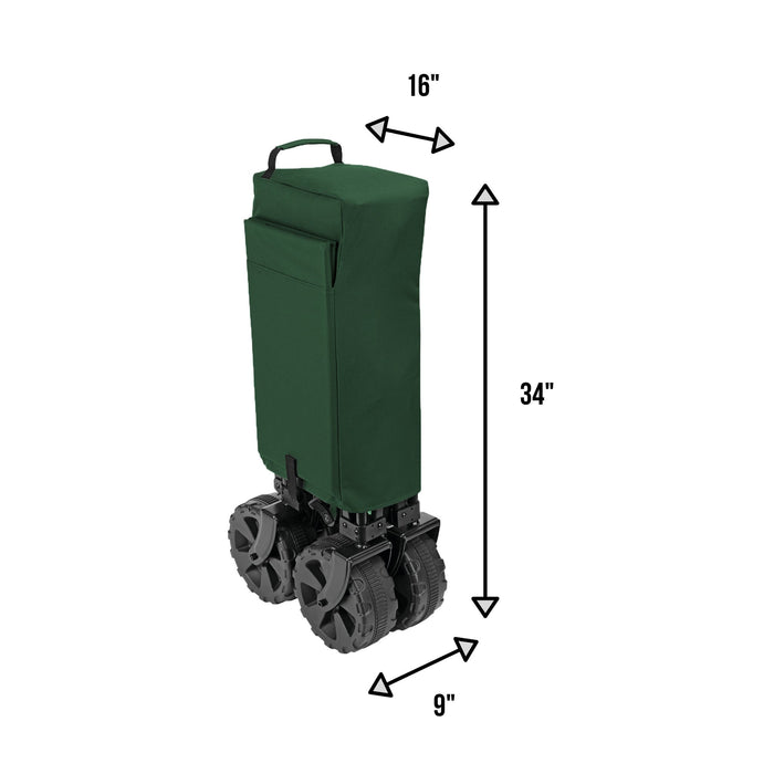 Folded up dimensions of the Woods Outdoor Collapsible Utility King Wagon in Green