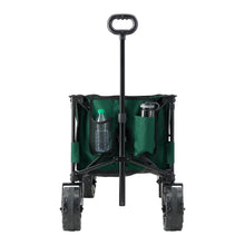 Load image into Gallery viewer, Front view of the Woods Outdoor Collapsible Utility King Wagon in Green with water bottles in holders