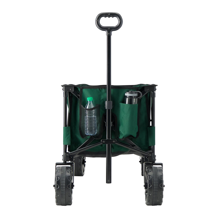 Front view of the Woods Outdoor Collapsible Utility King Wagon in Green with water bottles in holders