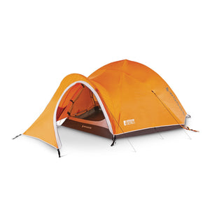 Fully built Woods Pinnacle Lightweight 4-Person 4-Season Tent with open door and vestibule