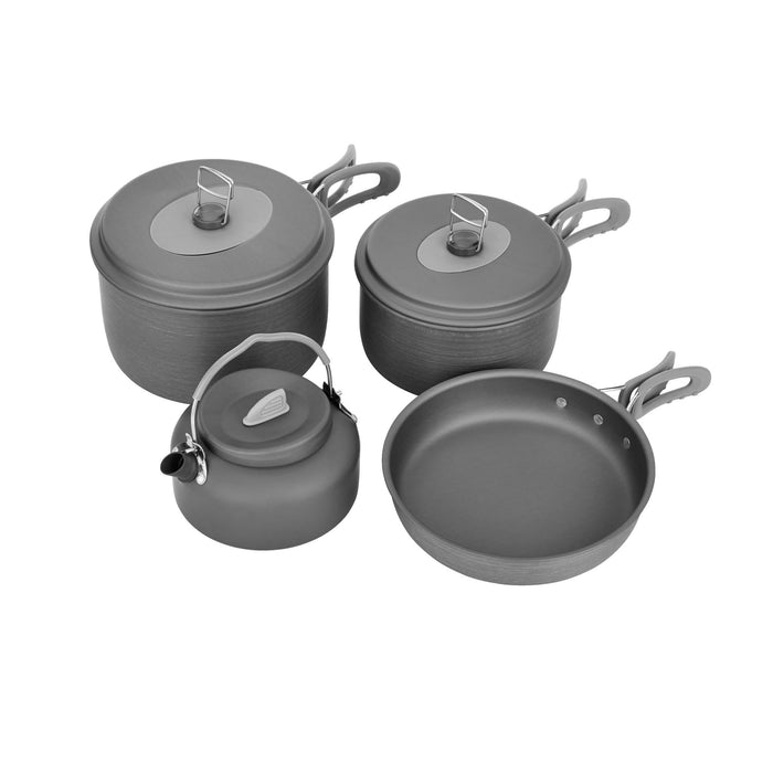 Two pots, one kettle, and one pan in the Woods Selkirk Anodized 4-piece Camping Cook Set next to each other