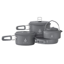 Load image into Gallery viewer, Two pots, one kettle, and one pan in the Woods Selkirk Anodized 4-piece Camping Cook Set
