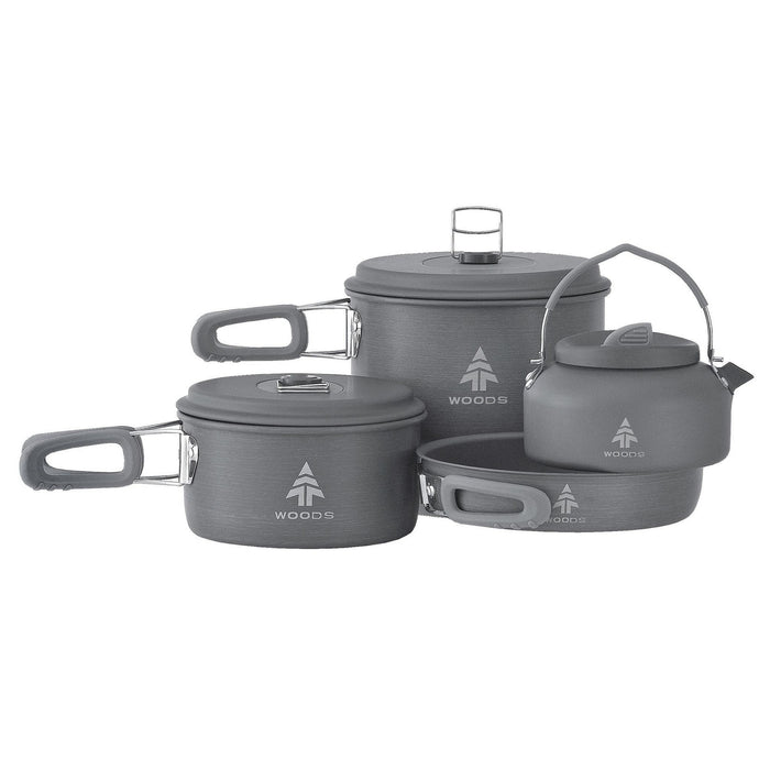 Two pots, one kettle, and one pan in the Woods Selkirk Anodized 4-piece Camping Cook Set